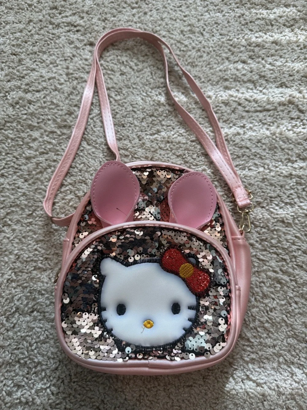 Hello Kitty Pink Sequin Crossbody Bag with Red Bow Accent